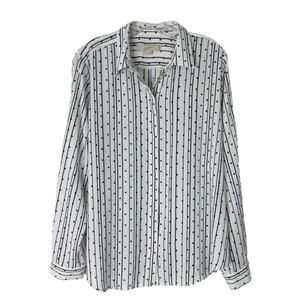 Loft black white striped polka dot chiffon preppy office button front top large